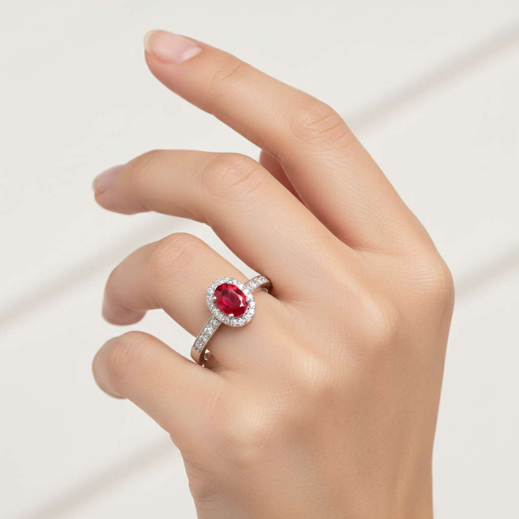 9ct White Gold Ruby Cz Ring.