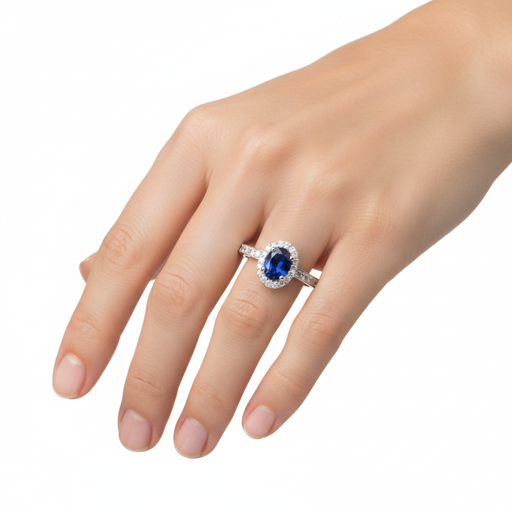 9ct White Gold Sapphire Cz Ring.