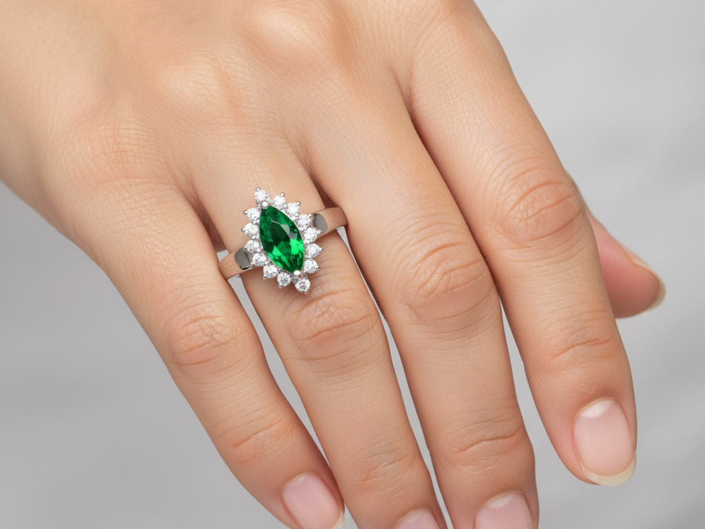 9ct White Gold Emerald Cz Ring.