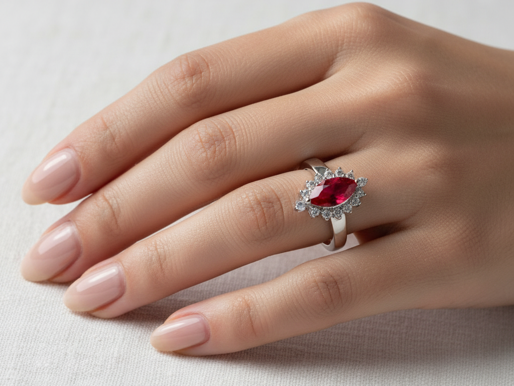 9ct White Gold Ruby Cz Ring.