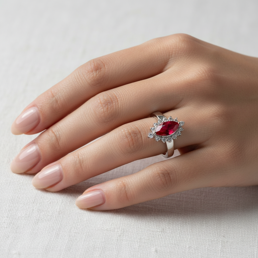9ct White Gold Ruby Cz Ring.
