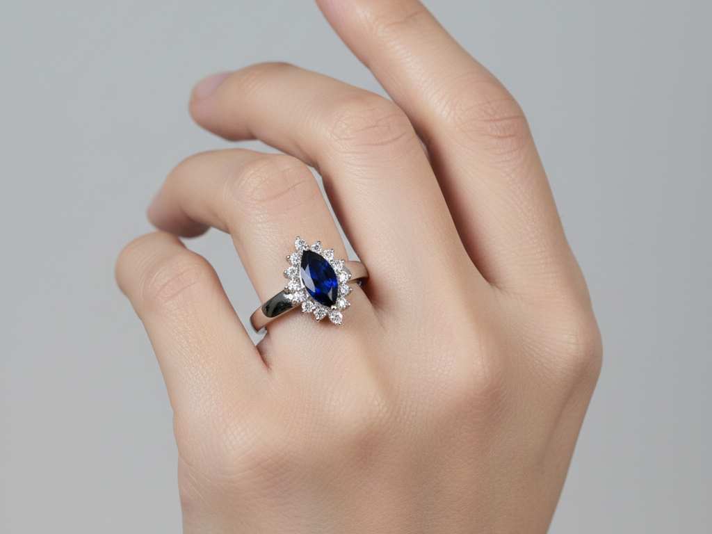 9ct White Gold Sapphire Cz Ring.