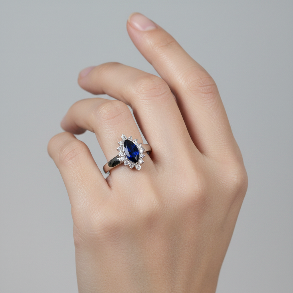 9ct White Gold Sapphire Cz Ring.