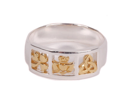 Celtic Shamrock Claddagh Trinity Knot  Silver with Goldplating Ring