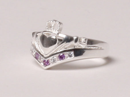Wishbone Claddagh Ring with Amethyst Cubic Zirconia Stone