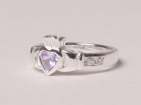 Claddagh Ring with Light Amethyst Cubic Zirconia June BirthStone