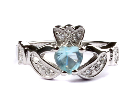 Claddagh Ring with Aquamarine Cubic Zirconia March BirthStone.