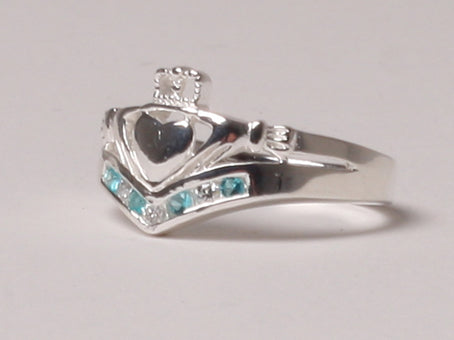 Wishbone Claddagh Ring with Aquamarine Cubic Zirconia Stone