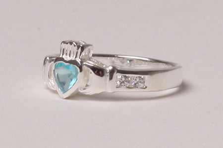 Claddagh Ring with Aquamarine Cubic Zirconia March BirthStone