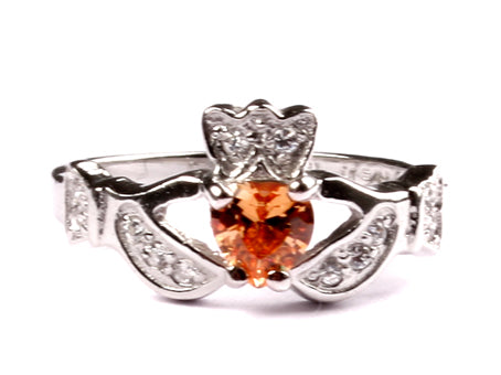 Claddagh Ring with Champagne or Yellow Sapphire Cubic Zirconia November Month BirthStone.