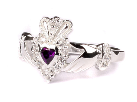 Celtic Silver Claddagh Amethyst February Birthstone Ring