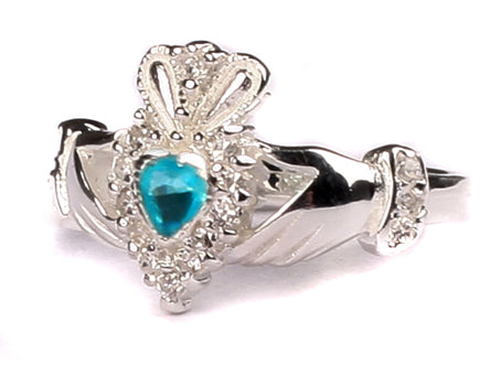 Celtic Silver Claddagh Aquamarine March Birthstone Ring