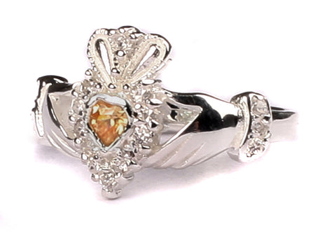 Celtic Silver Claddagh Champagne November Birthstone Ring