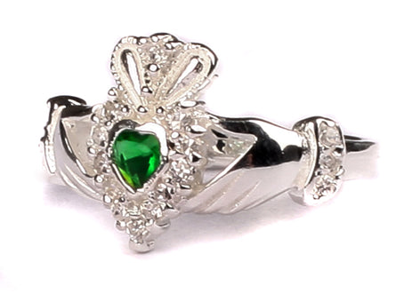 Celtic Silver Claddagh Emerald Green May Birthstone Ring
