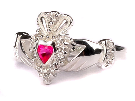 Celtic Silver Claddagh Ruby July Month Birthstone Ring