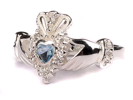 Celtic Silver Claddagh Light Sapphire December Birthstone Ring
