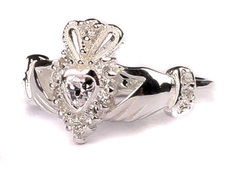 Celtic Silver Claddagh White April Birthstone Ring