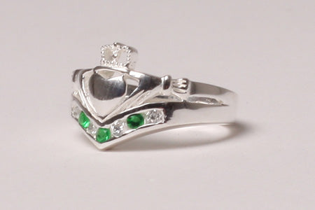 Wishbone Claddagh Ring with Emerald Cubic Zirconia Stone