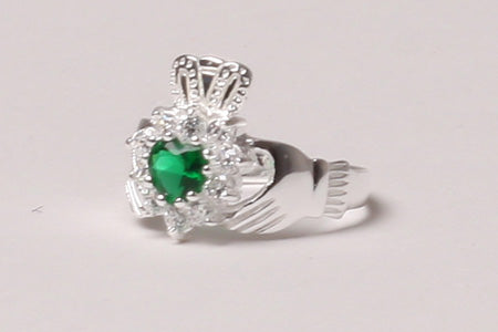 Claddagh Cluster Silver Ring with Emerald Cubic Zirconia Stone