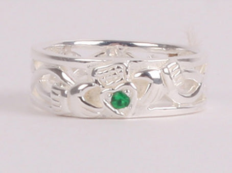 Claddagh Silver Ring with Emerald Cubic Zirconia Stone