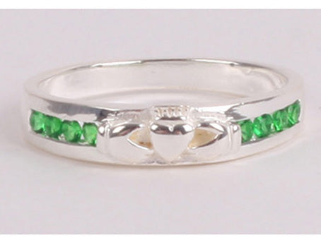Claddagh Silver Ring with Emerald Cubic Zirconia Stone