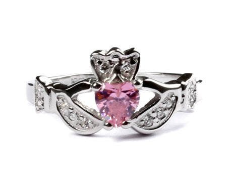 Claddagh Ring with Pink Cubic Zirconia October BirthStone.