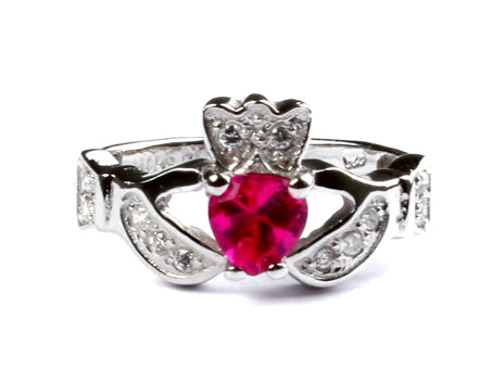 Claddagh Ring with Ruby Cubic Zirconia July BirthStone.