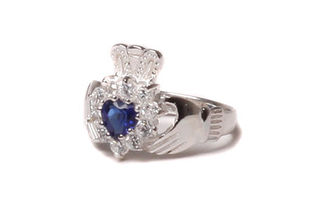 Claddagh Cluster Silver Ring with Sapphire Cubic Zirconia Stone.