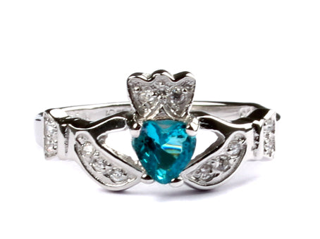 Claddagh Ring with Light Sapphire Cubic Zirconia December BirthStone.