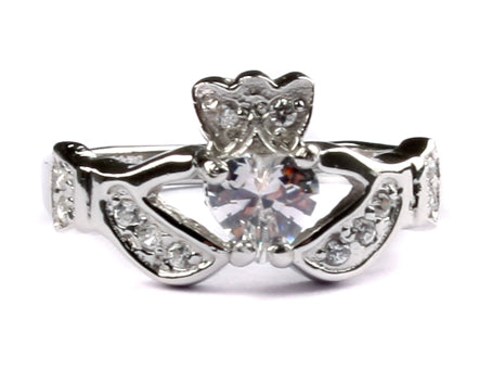 Claddagh Ring with White Cubic Zirconia April Month BirthStone.