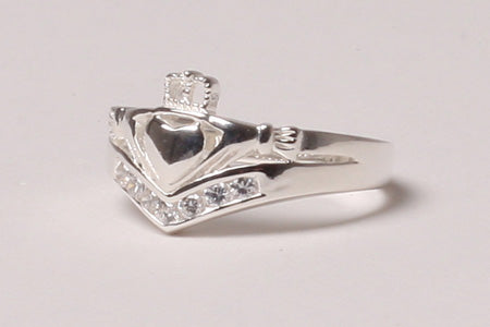 Wishbone Shape Claddagh Ring with White Cubic Zirconia Stone