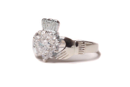 Claddagh Cluster Silver Ring with White Cubic Zirconia Stone.
