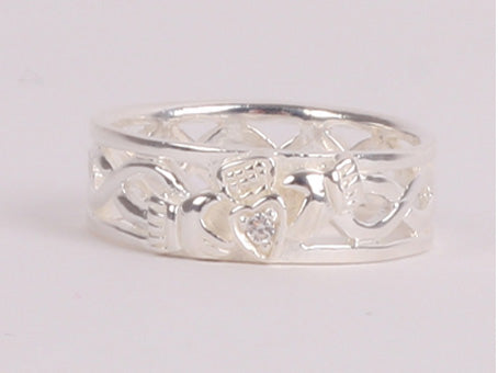 Claddagh Silver Ring with White Cubic Zirconia Stone