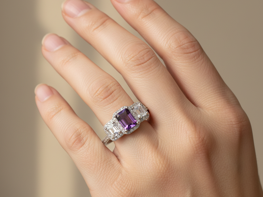 Amethyst White Cubic Zirconia Ring.