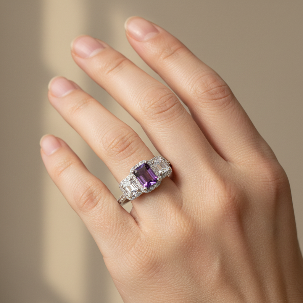 Amethyst White Cubic Zirconia Ring.