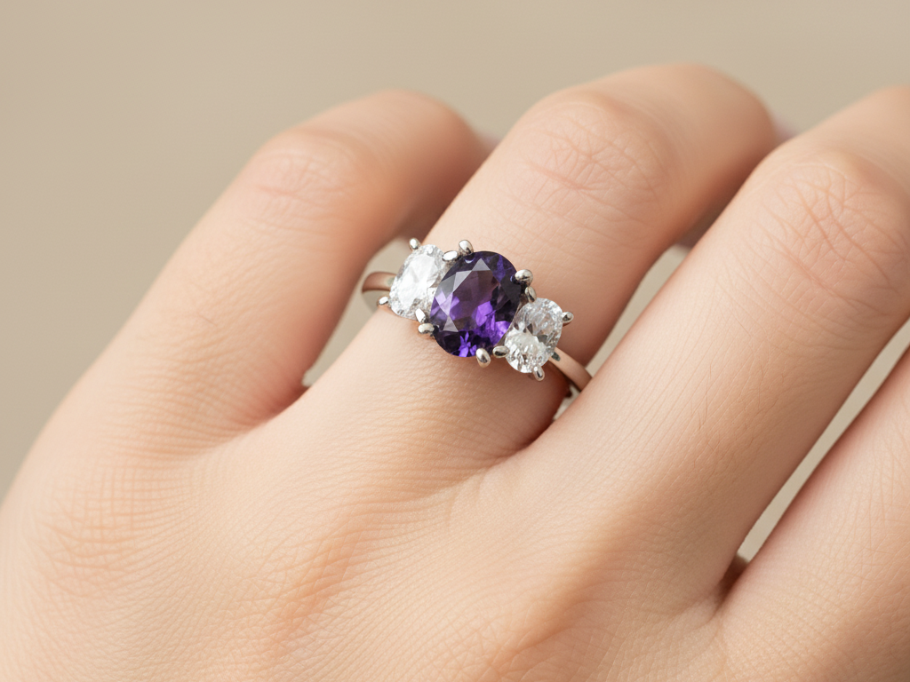 Amethyst & White Cubic Zirconia Silver Ring