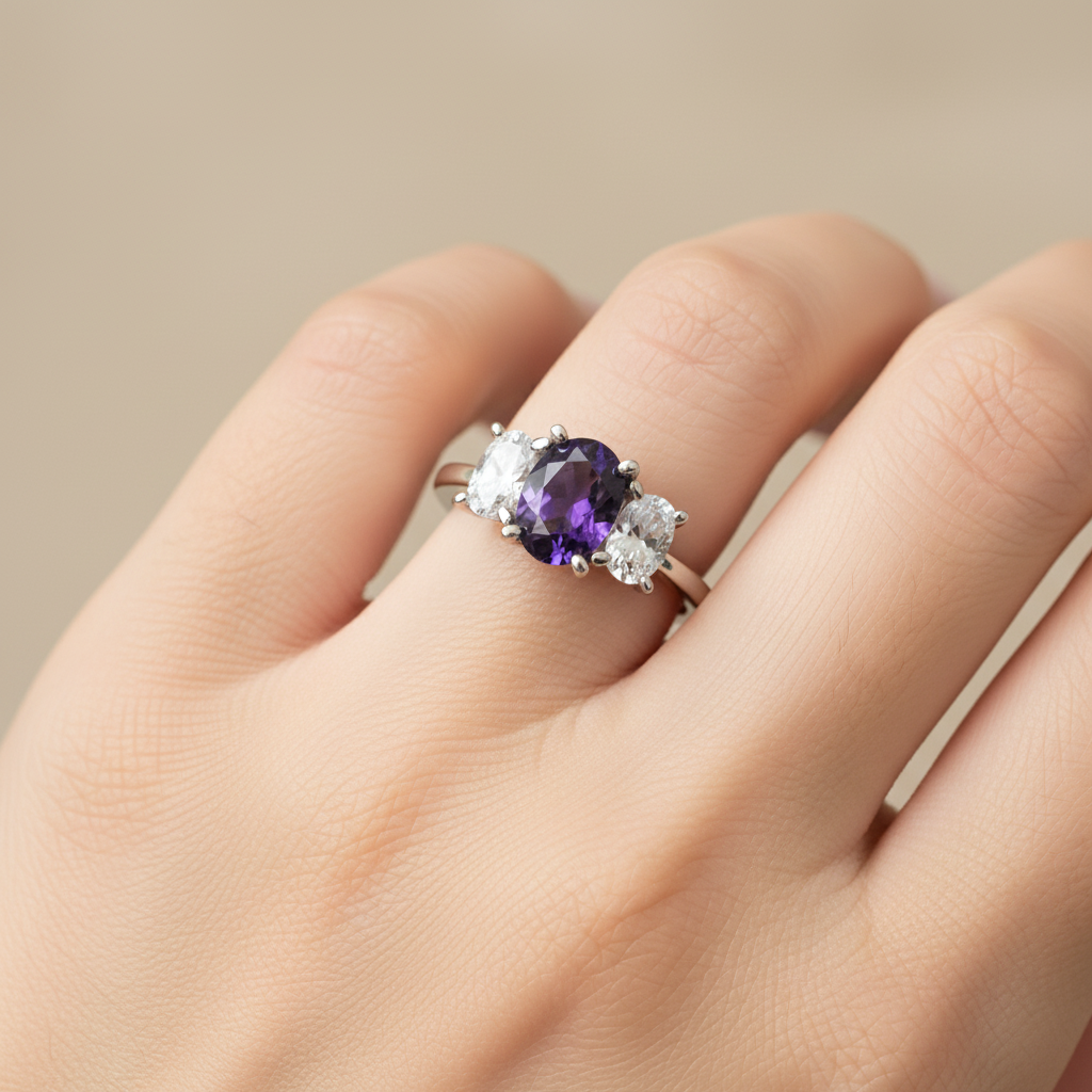 Amethyst & White Cubic Zirconia Silver Ring