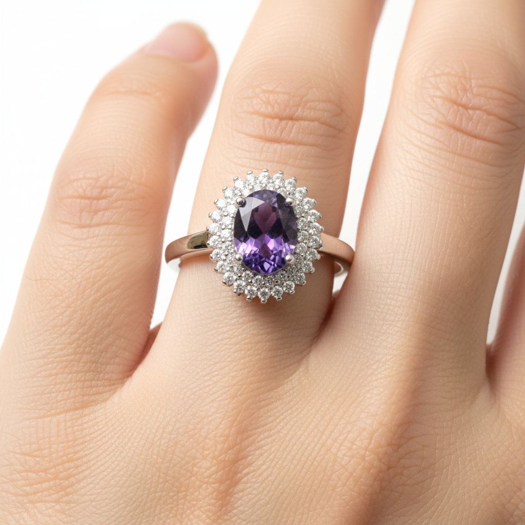 Amethyst & White Cubic Zirconia Silver Ring