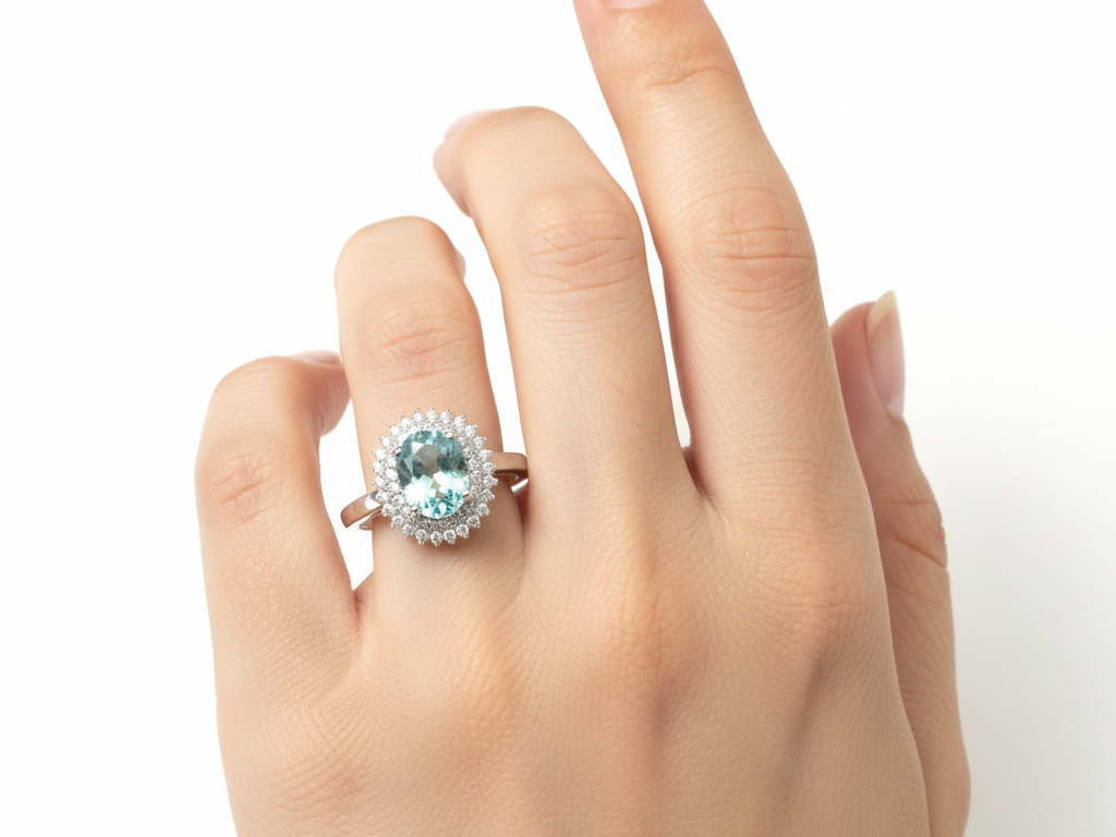 Aquamarine & White Cubic Zirconia Silver Ring