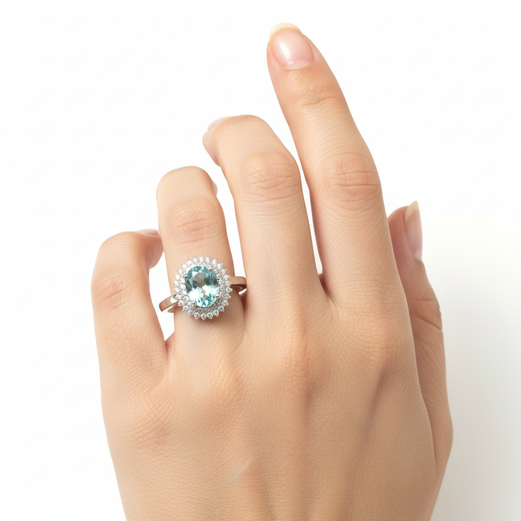Aquamarine & White Cubic Zirconia Silver Ring
