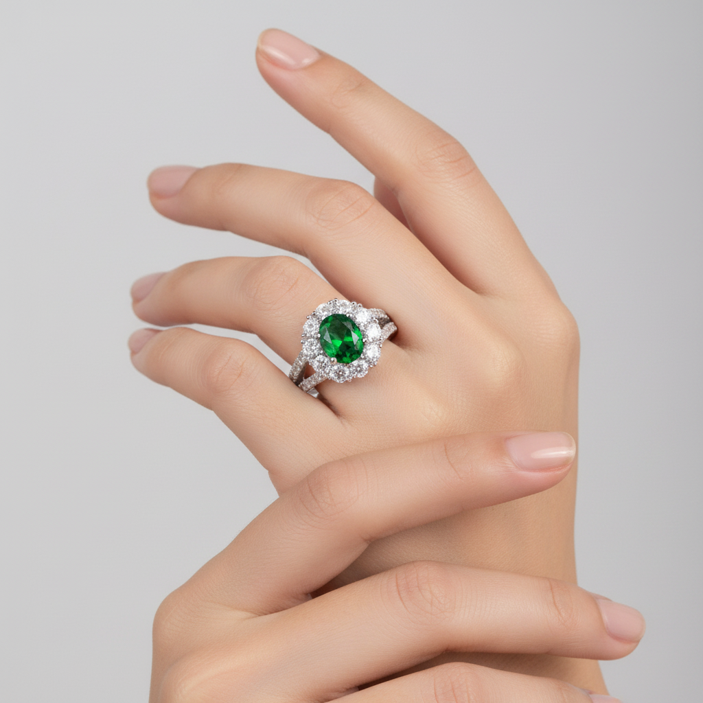 Emerald & White Cubic Zirconia Ring.