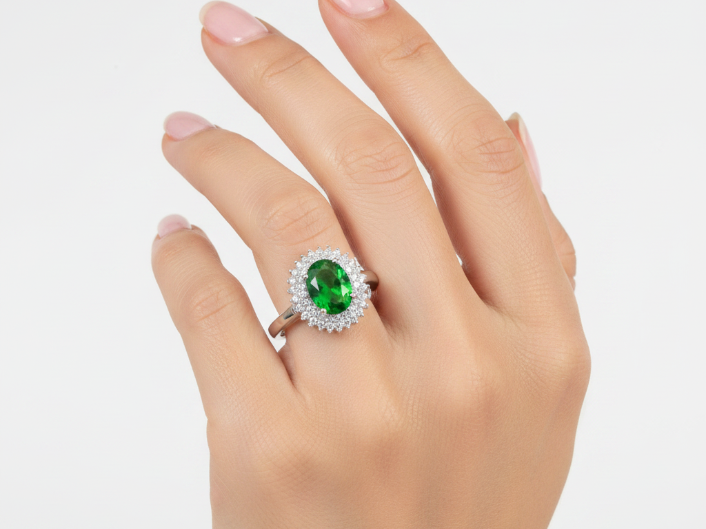 Emerald & White Cubic Zirconia Silver Ring