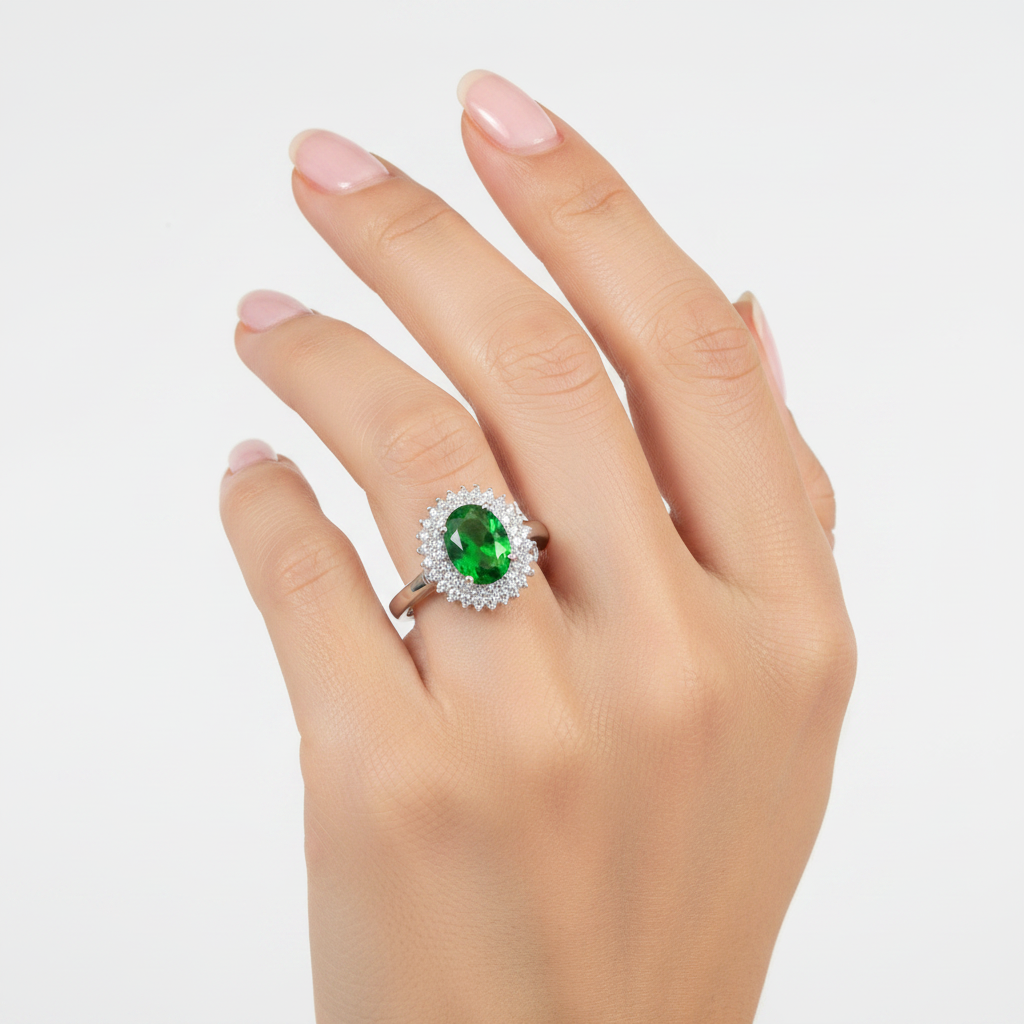 Emerald & White Cubic Zirconia Silver Ring