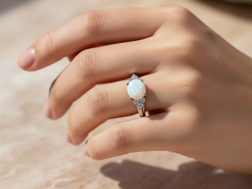 A Opal And White Cubic Zirconia Ring