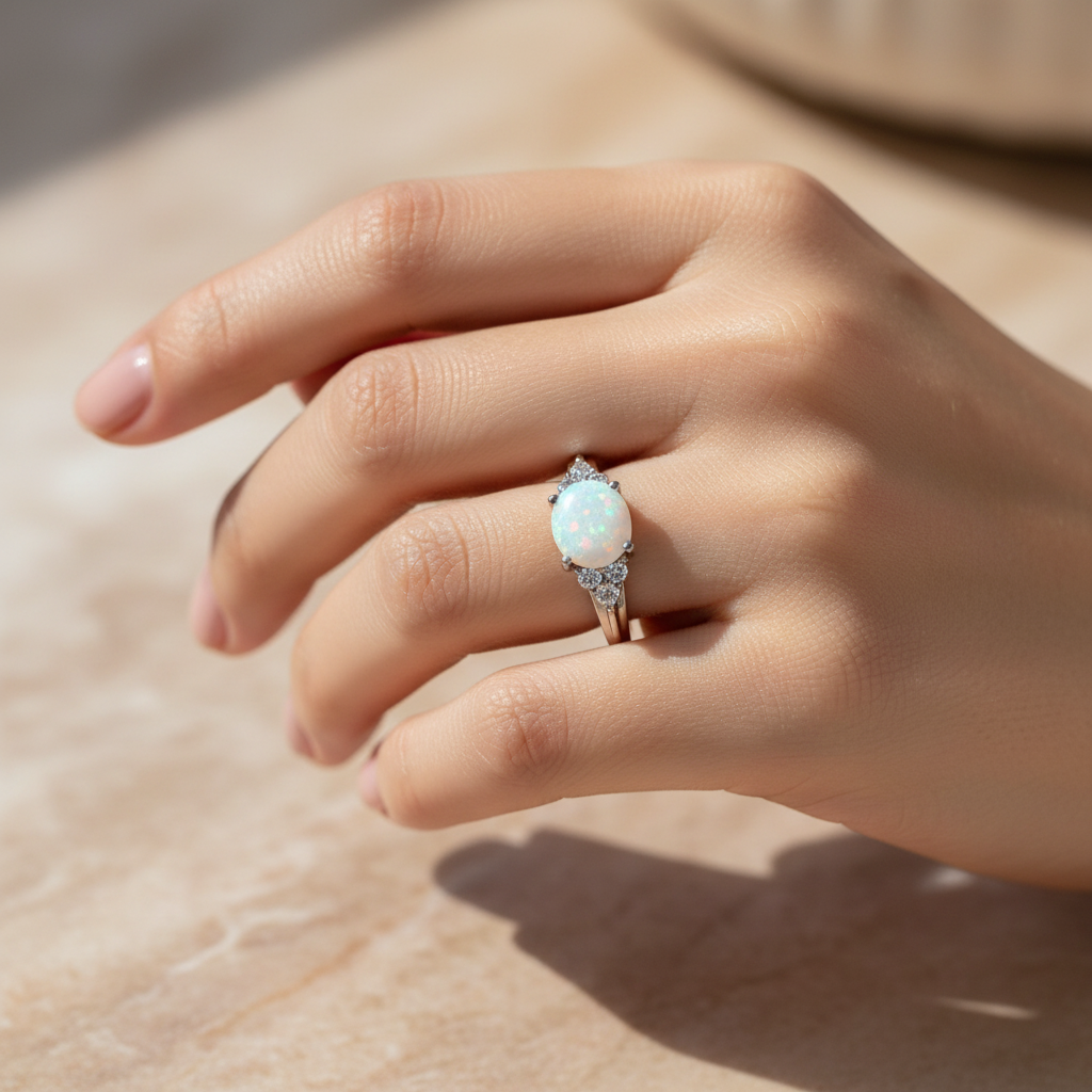 A Opal And White Cubic Zirconia Ring