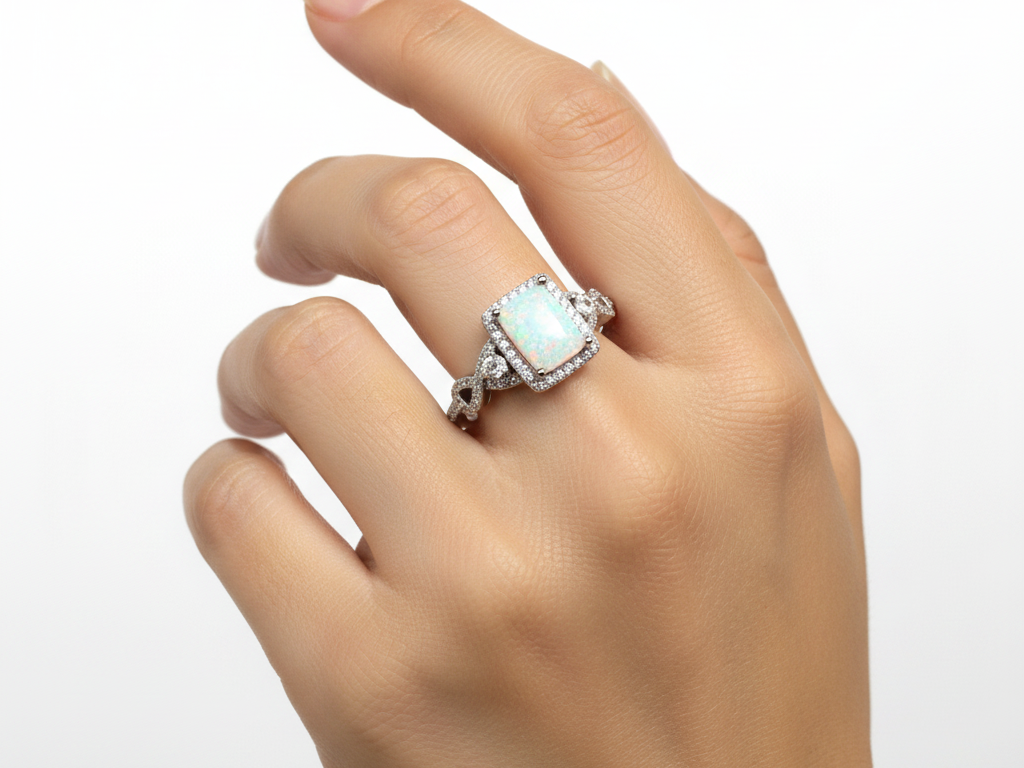 A Opal And White Cubic Zirconia Ring