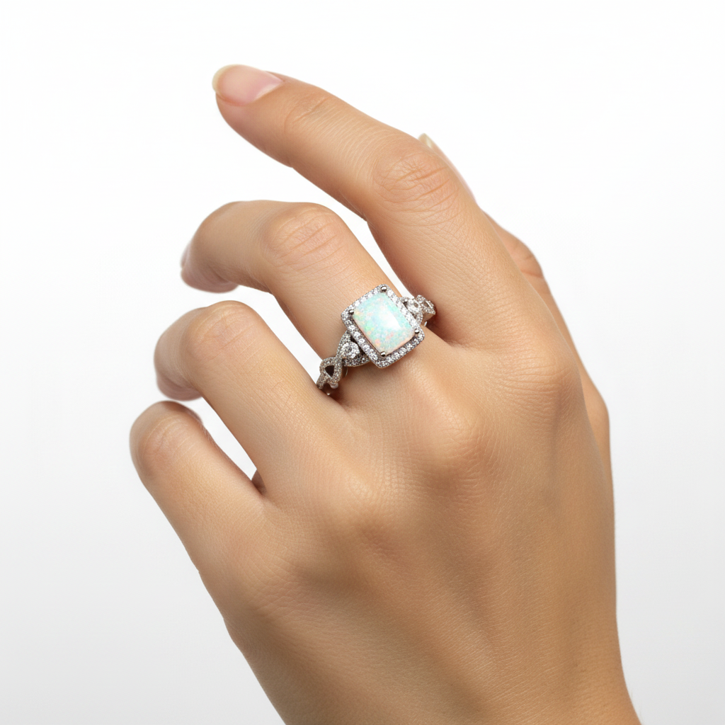 A Opal And White Cubic Zirconia Ring