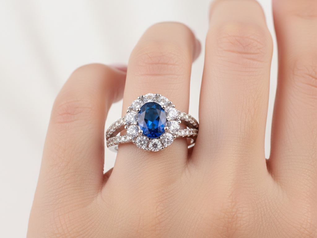 A Sapphire & White Cubic Zirconia Ring.
