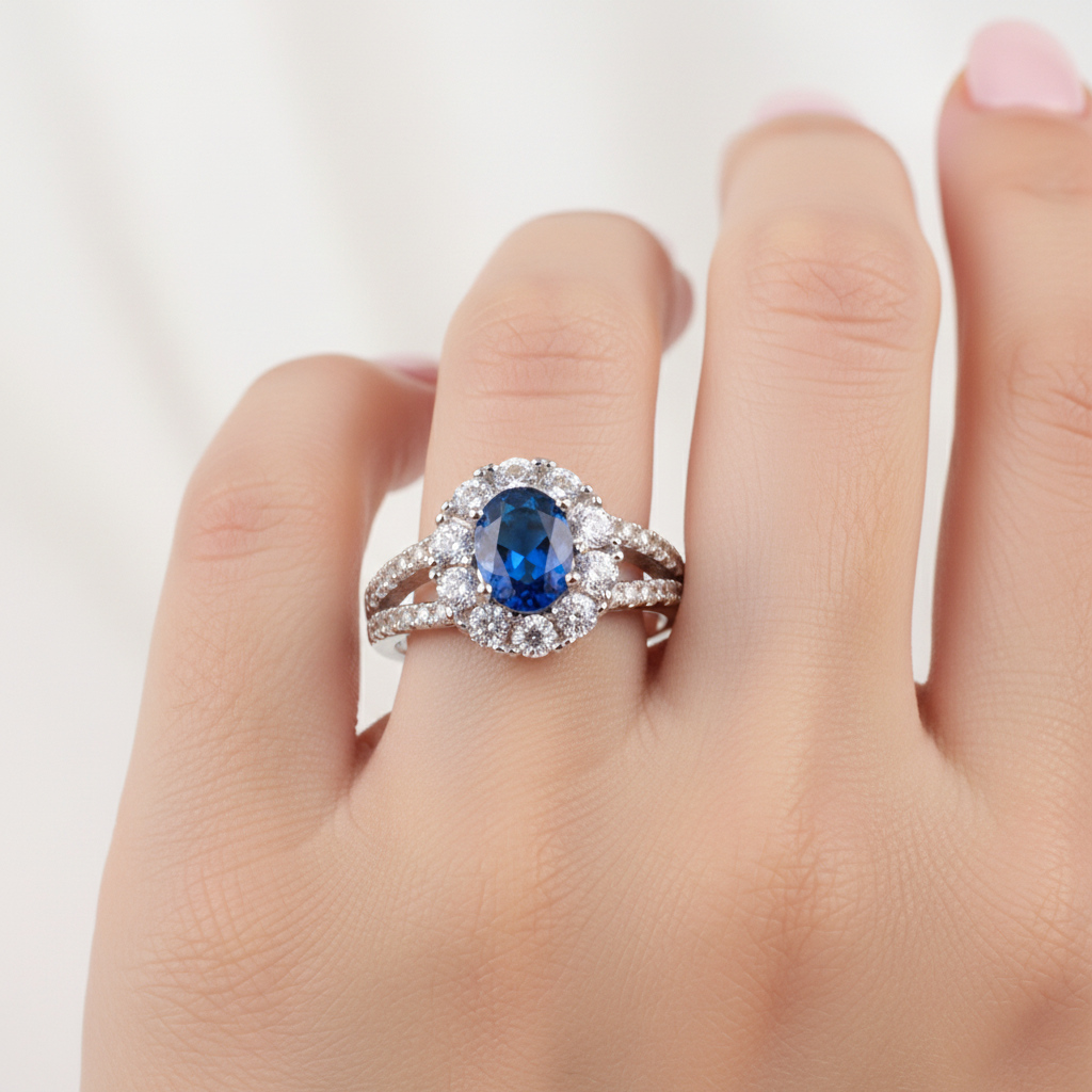 A Sapphire & White Cubic Zirconia Ring.