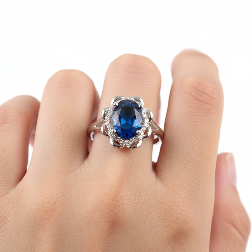 A Sapphire & White Cubic Zirconia Ring.